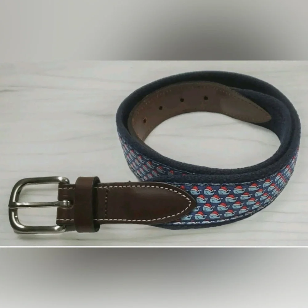 Vineyard Vines Santa Whale Belt Boys Blue Canvas Brown Leather Santa Hat Size 28